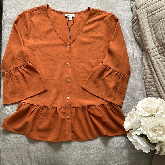 Frank & Oak Blouse Burt orange peplum button up S - Picture 1 of 6